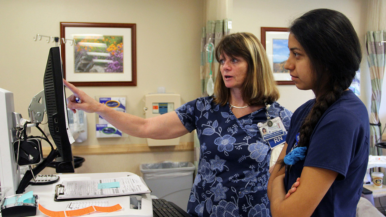 A student and a nurse look at a hospital computer screen